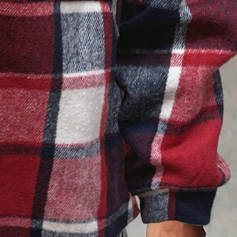 Red Casual Women's Plaid Hooded Jacket - Picture 4 of 5